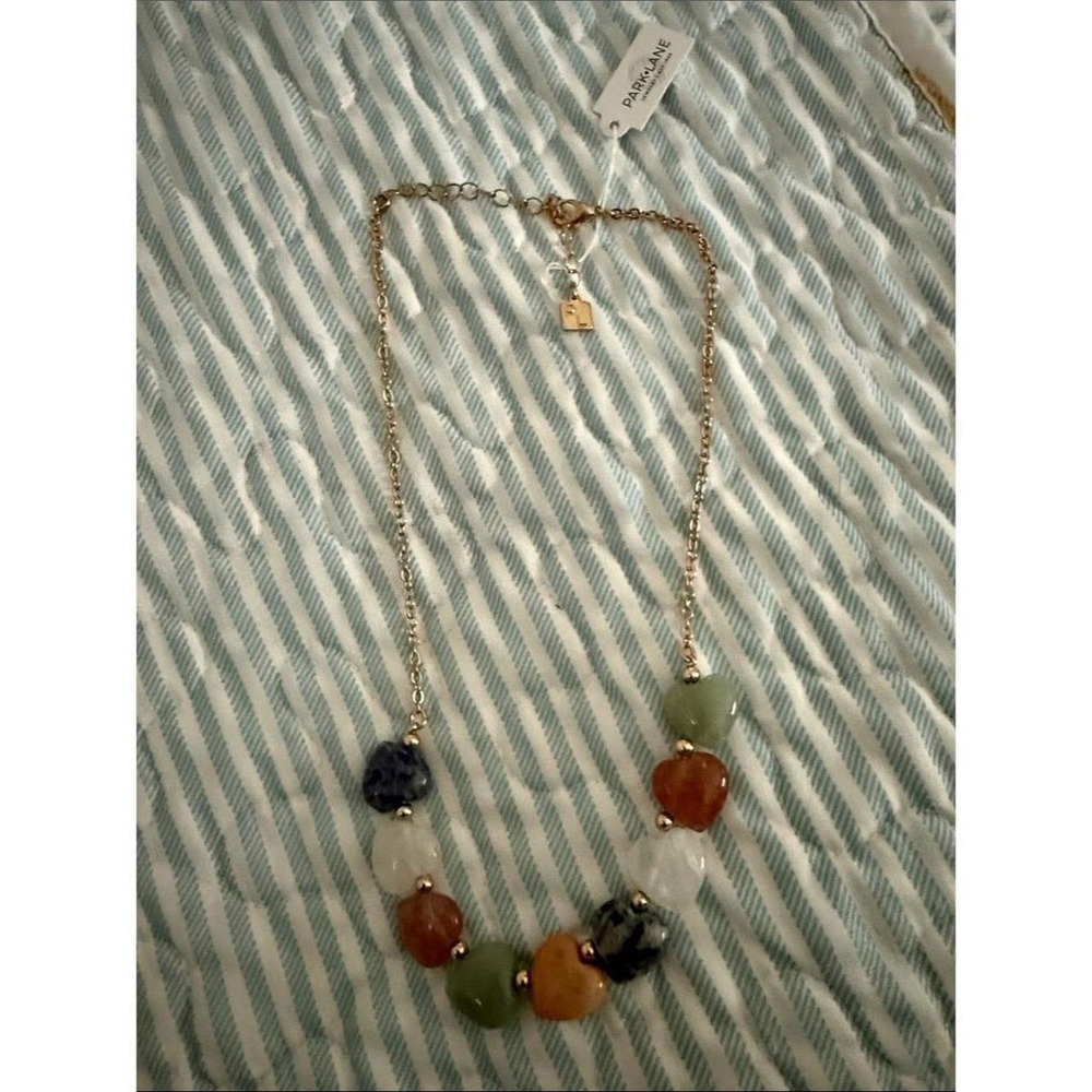 Park Lane necklace multicolor heart gemstone-style beads on a gold  chain.